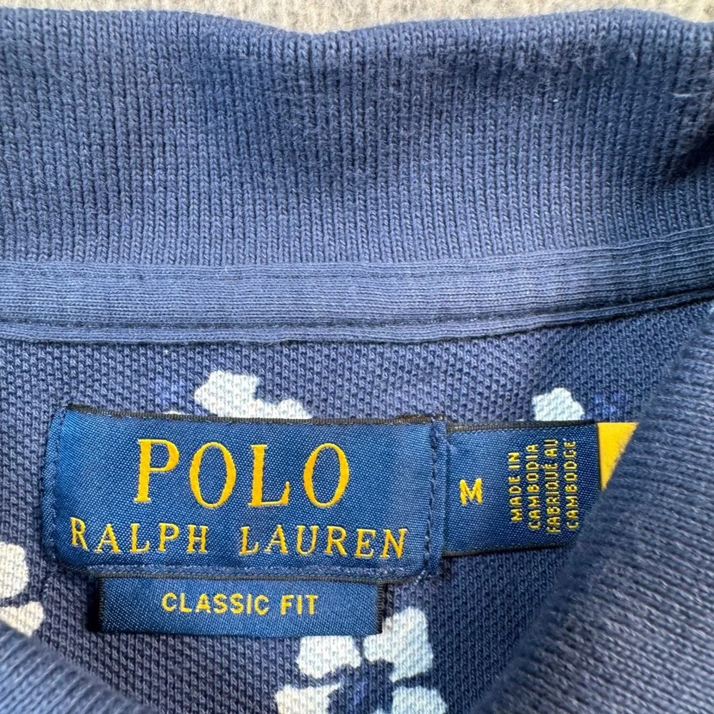 Polo Ralph Lauren Mens Medium Navy Blue Floral Hibiscus Classic Fit Polo Shirt